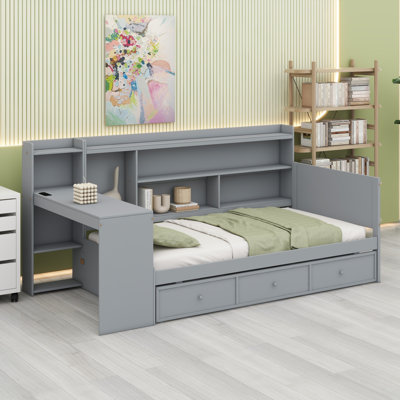Structure de lit de jour avec tiroirs de rangement, bureau intégré et ports USB