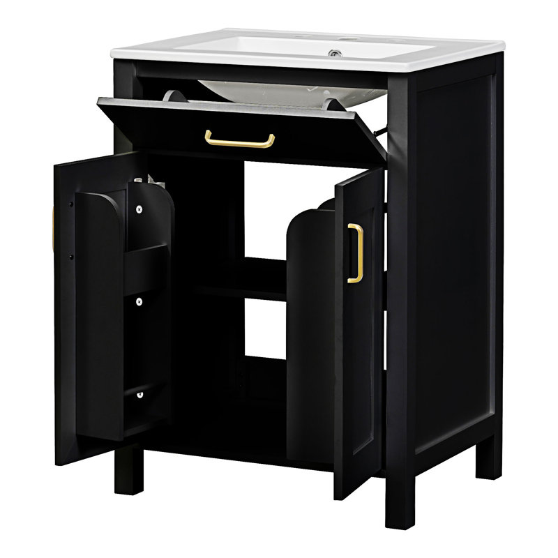 Meuble-lavabo de salle de bain avec lavabo en céramique, Noir, Doré
