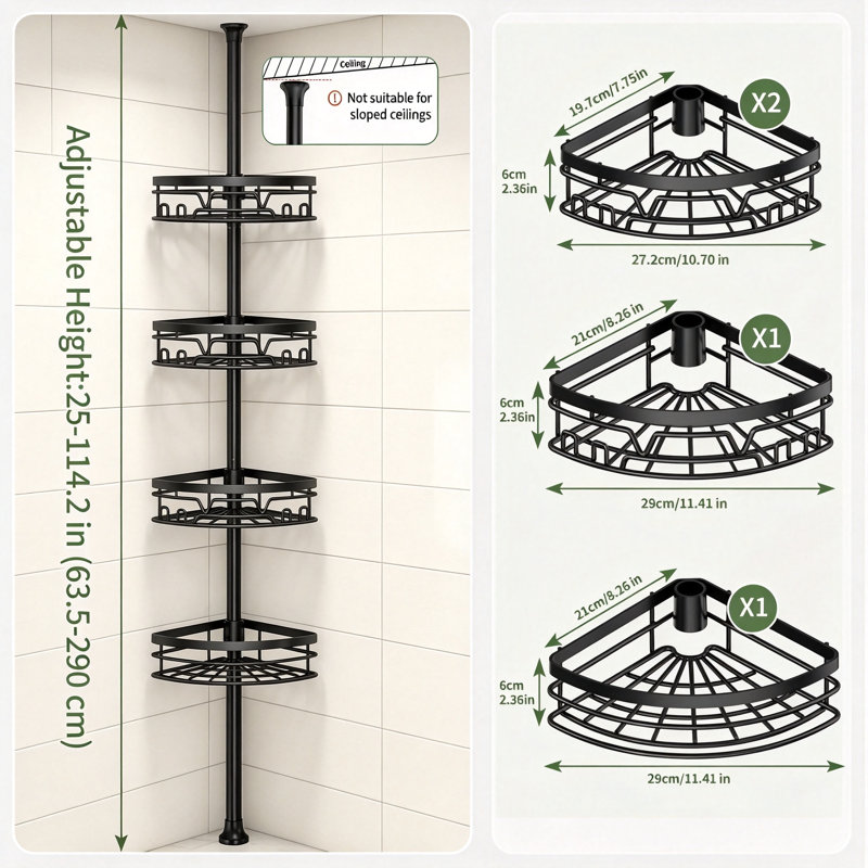 Black 4-Tier Telescopic Corner Shower Rack with Hooks