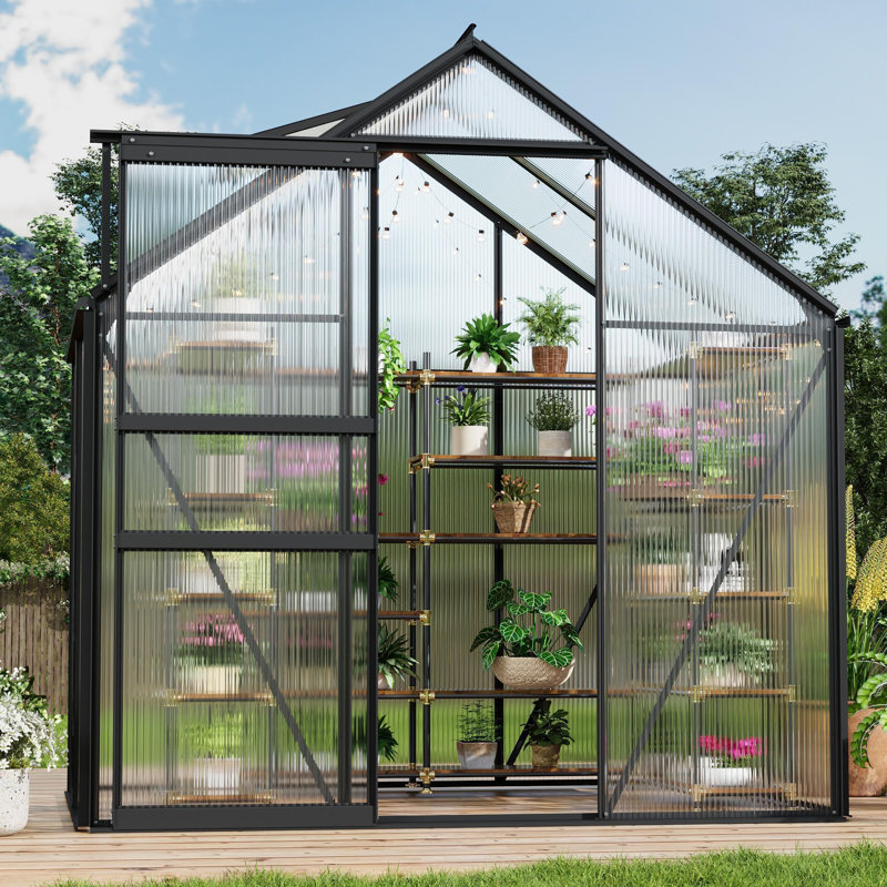 6x4 FT Polycarbonate Greenhouse, Sturdy Aluminum Frame with Adjustable Roof Vent & Lockable Door, Walk-In Grow House for Garden, Patio or Backyard - Matte Black