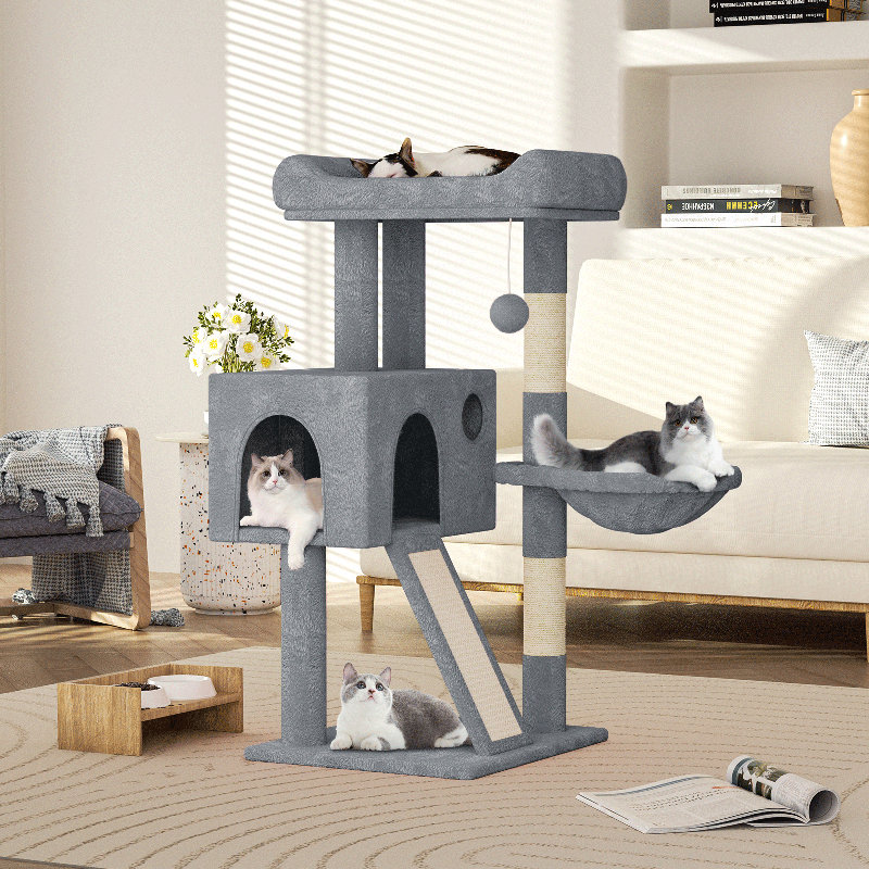 Light Gray Multi-Level Cat Tree with Sisal Scratching Posts