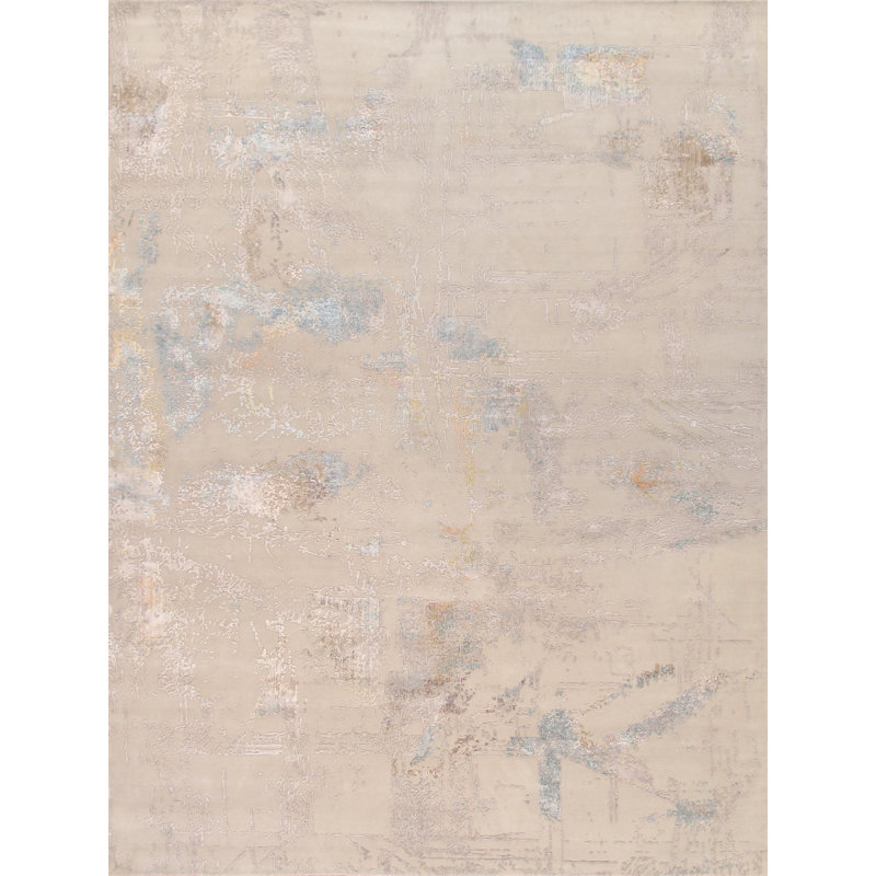 Tapis beige / bleu en laine / soie à motif abstrait Abstract, Rectangle de 10 pi x 14 pi