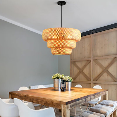 Hand-Woven Bamboo Pendant Light Fixture, Bohemian Rattan Chandelier For Kitchen Island, Dining Room, And Farmhouse Decor