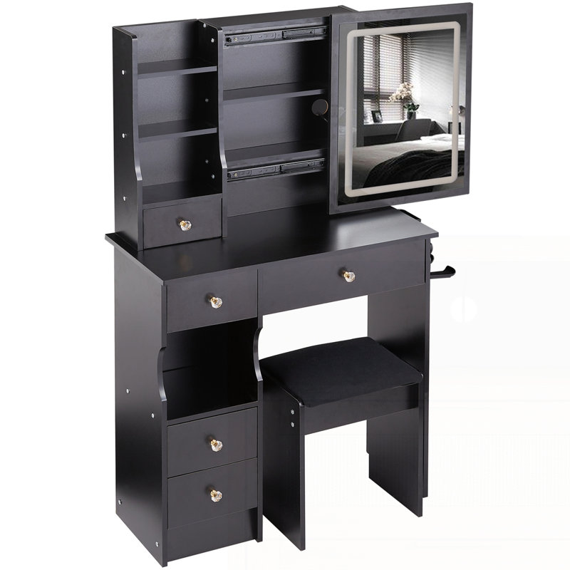 29.2" Small Space Left Drawer Desktop Vanity Table and Cushioned Stool, Black
