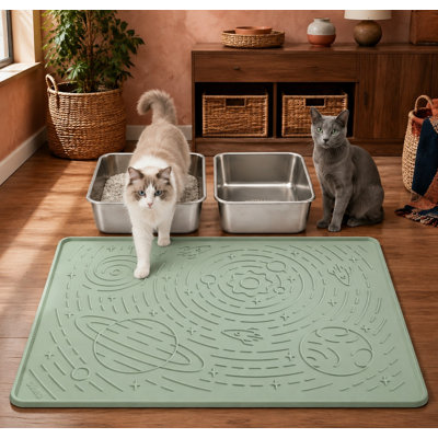 Sage green 31.5 x 23.6 in high-raised-edge silicone litter mat featuring BPA-free thickened rubber construction; the flexible mat is waterproof, non-slip, easy to clean, and designed to trap litter while controlling scatter.