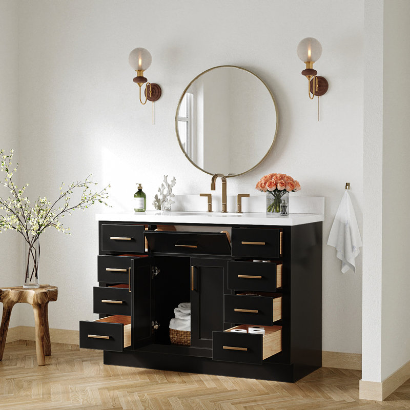 Ensemble de meuble-lavabo simple en bois massif 48 po avec lavabo en quartz blanc 1,5 po Tidworth, Chêne noir, Ovale