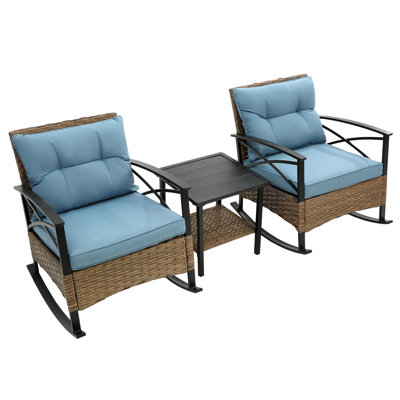 Fauteuil à bascule d'extérieur avec table - Gris, métal et autres matériaux, siège relaxant, montage facile, pour le jardin. Coussins d'assise bleus pour profiter de moments de détente.
