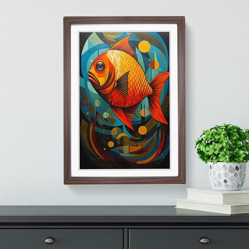 Fish Hard Edge Painting - Framed Print, 34cm H x 25cm W, Walnut Framed