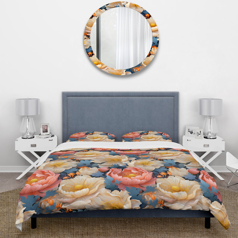 Ensemble de housse de couette beige et rose à motif floral Grace, Housse de couette simple + 1 taie décorative stan