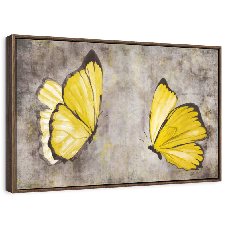 Papillons jaunes, 25 po x 17 po, Cadre flottant en noyer