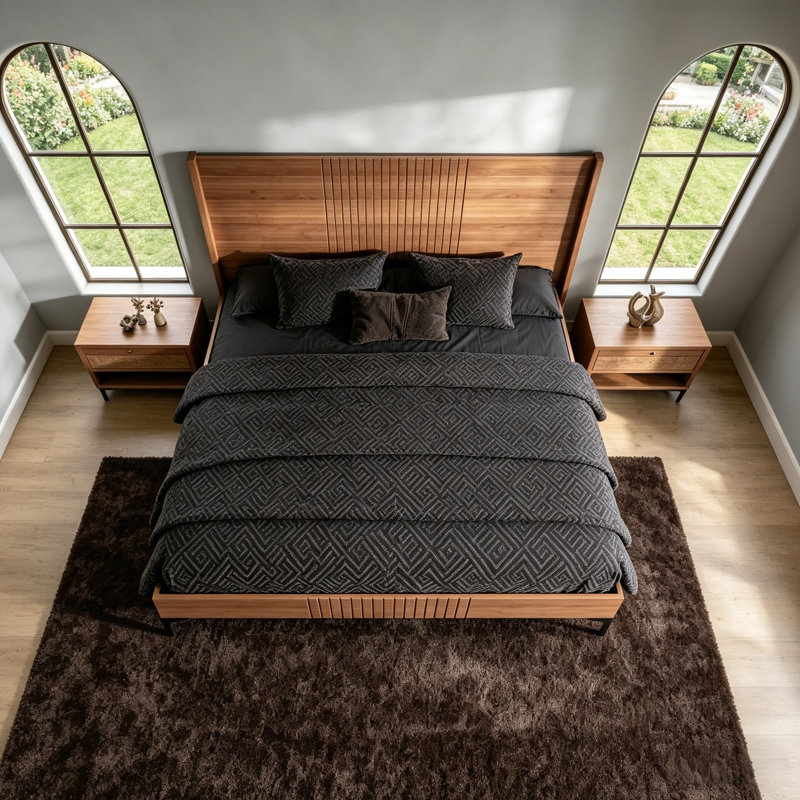 King Size Mid-Century Modern Bamboo Platform Bed Frame with Rounded Corner Headboard, Solid Wood Slat Support, No Box Spring Needed, Natural.