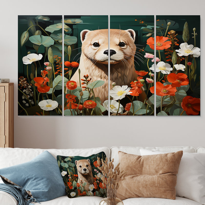 «Brown Curious Otter In Blooming Meadow», ensemble d'art mural 4 pièces, H 28 po x l 48 po