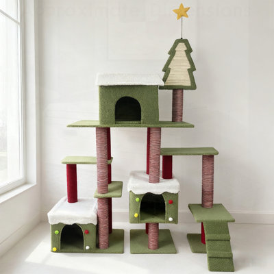 Grande tour d'arbre à chat sur le thème de Noël pour chats d'intérieur, durable et spacieuse avec plusieurs niveaux pour le jeu et la détente.