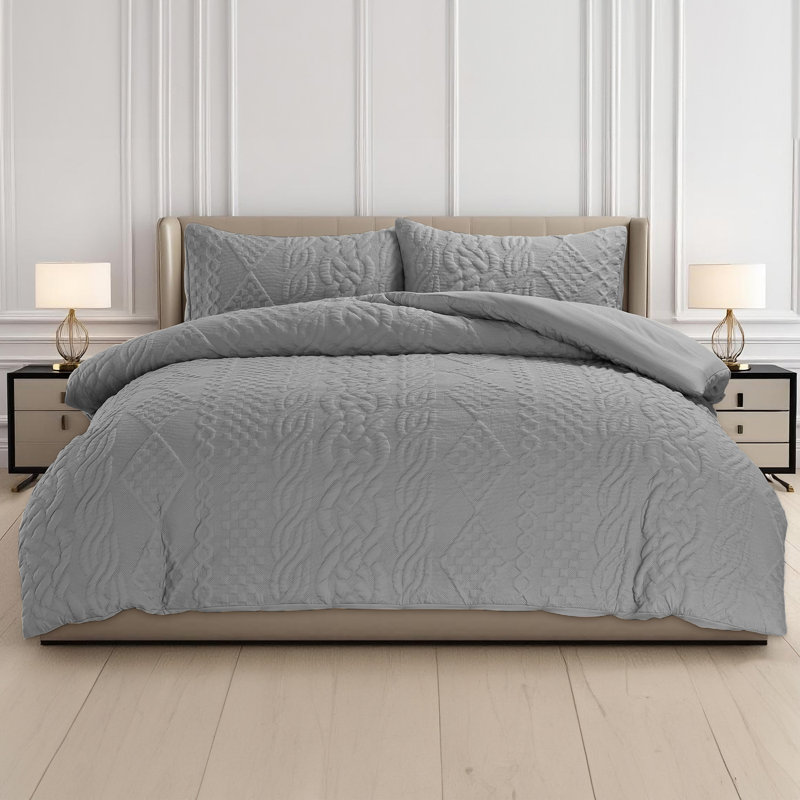 3D Embossed Chunky Quilted Knit Pattern Duvet Set, Grey, Super King Duvet Cover + 2 Pillowcases