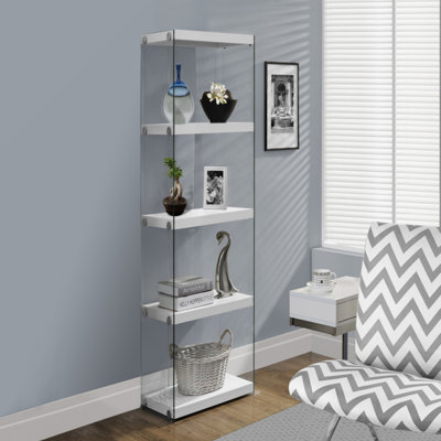 Bookshelf, Bookcase, Etagere, 5 Tier, 60"H, Office, Bedroom, Glossy White Laminate, Clear Tempered Glass, Contemporary, Modern
