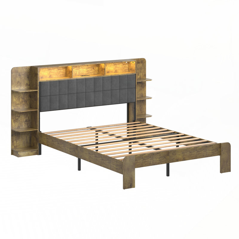 Platform Bed with Storage and Linen Headboard with Bookcase Shelves