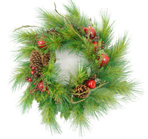 Couronne de Noël artificielle rouge et verte à pommes de pin et baies - 24 pouces
