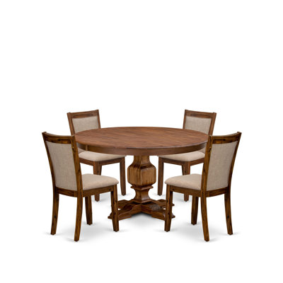 5-Pc Dining Room Set consists of a Pedestal Kitchen Table and 4 Light Tan Linen Fabric Chairs with Padded Back - Antique Walnut