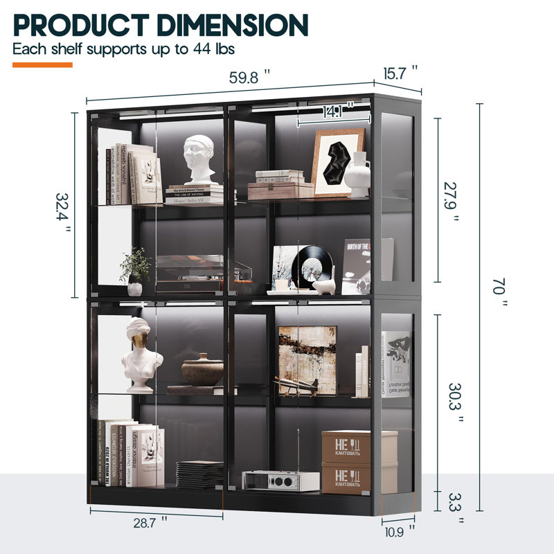 Vitrine RVB avec tablettes réglables en verre trempé, étui de rangement à 4 niveaux avec lumières DEL et portes à pression, tablette moderne pour objets de collection, noir 
