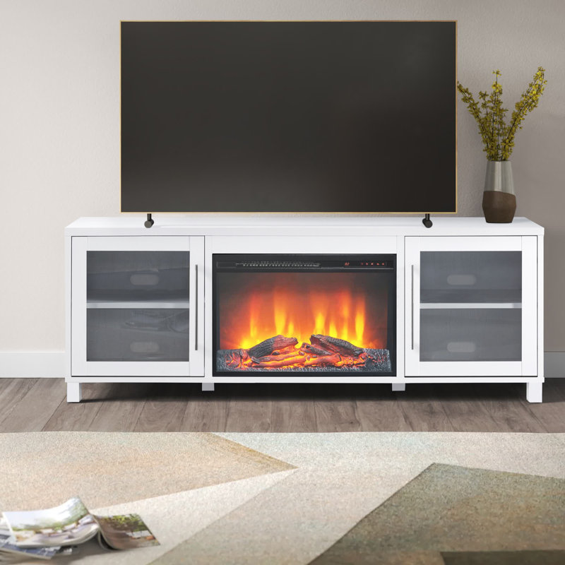 Meuble télé pour téléviseur de 78 po ou moins avec foyer électrique Quincy, Blanc