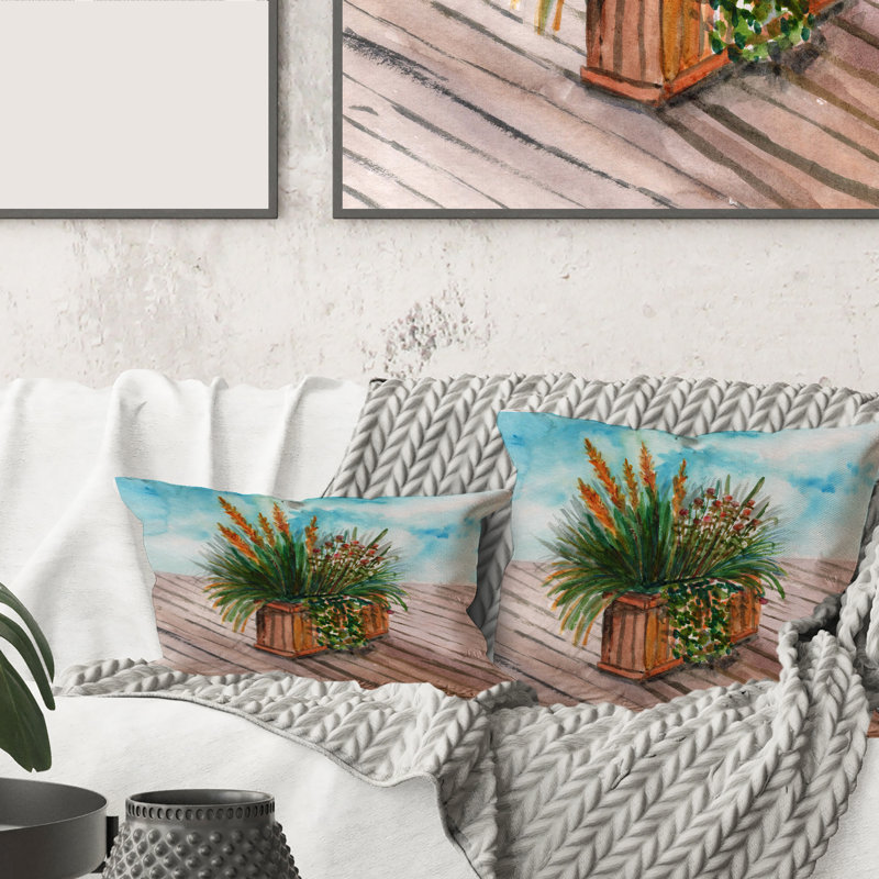Carré, épillets jaunes de plante d'intérieur avec tiges vertes - coussin décoratif traditionnel, 16" x 16"