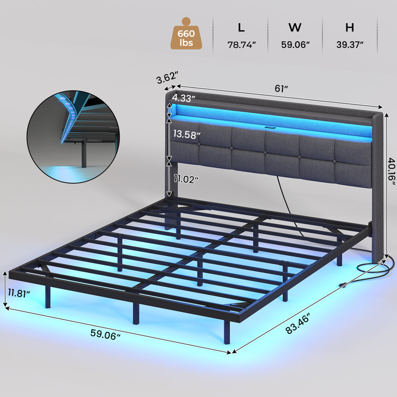 Floating Bed Frame 135×190CM /150×200CM with LED Lights & Charging Station, Metal Platform Bed frame with Upholstered Headboard, Easy Assembly,Noise Free,No Box Spring Needed,Dark Gray Linen