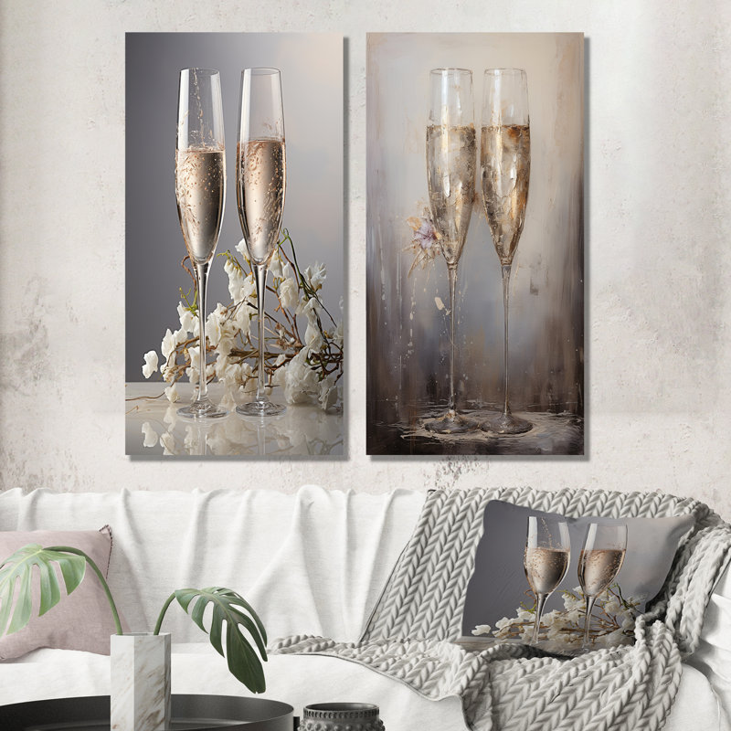 Champagne Flute Fantasies - Champagne, ensemble de 2 décorations murales, H 28 po x l 25 po, Toile tendue