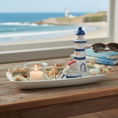 Haight Blue Coastal Lighthouse Tealight Holder Decor