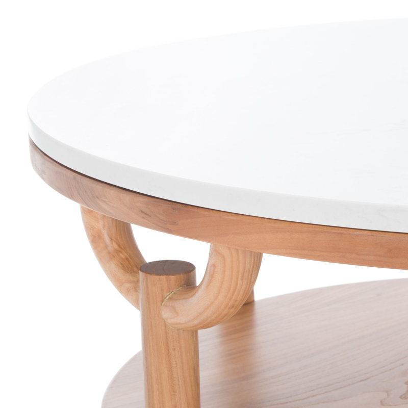 35" Elm Wood & White Marble Round Coffee Table with Storage
