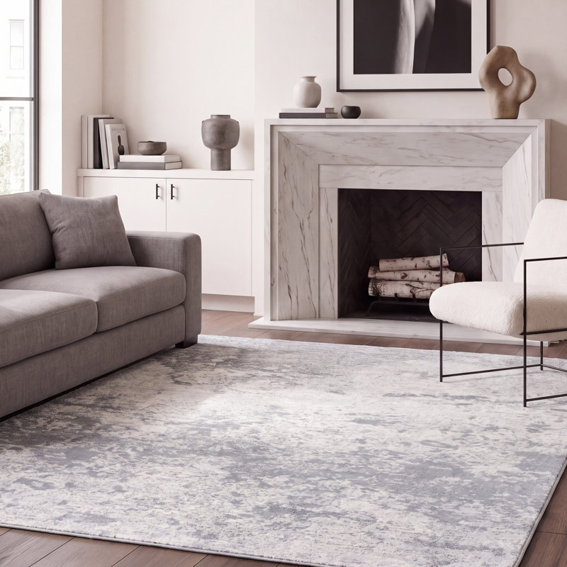 Tapis abstrait gris clair / bleu N'Keal, Grey/Ivory, Rectangle 5 pi 3 po x 7 pi 6 po