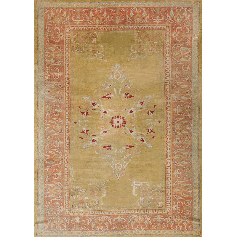 Hand Knotted Pile Rectangle 1880s Yellow / Gold Wool Antique Turkish Oushak Rug