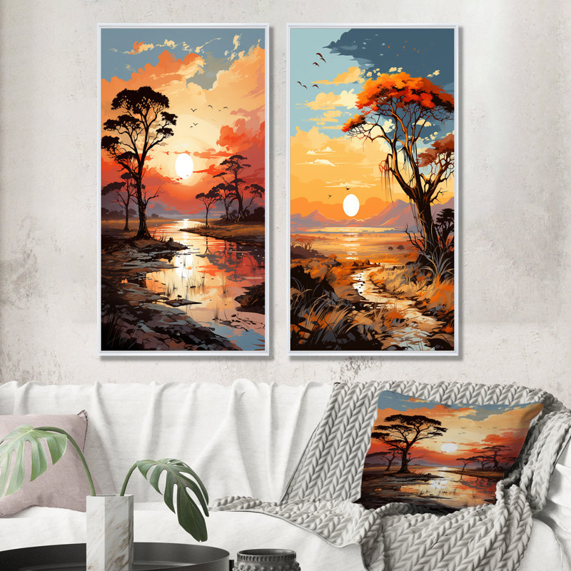 Coucher de soleil africain «Savanna Harmony I», ensemble de 2 impressions sur toile, Cadre flottant blanc, H 32 po x l 33 po
