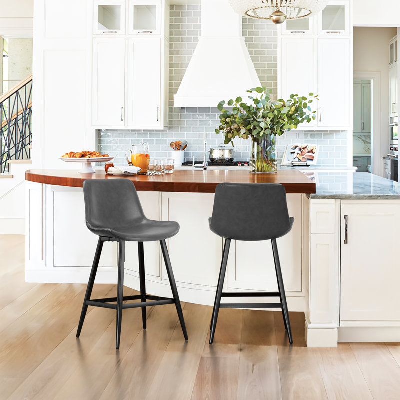 Tabouret de comptoir en faux cuir Macaire, Tabouret de comptoir (siège d'une hauteur de 24 p, Gris foncé, Noir