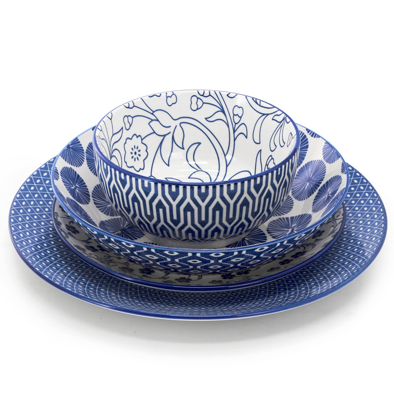  Reflections 16 Piece Assorted Stoneware Double Bowl Dinnerware Set in Blue