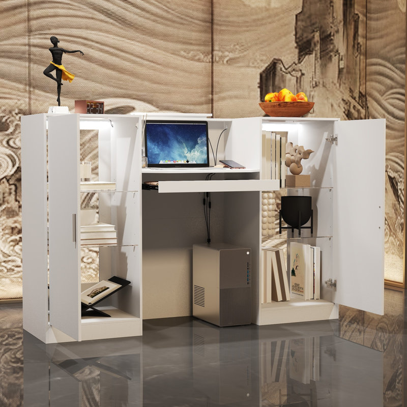 Mastan 59'' W Reception Desk With Display Cabinets And LED Lightsand Transparent Glass