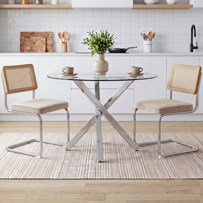 Ensemble de table de salle à manger 39 pouces moderne en verre trempé avec chaises en velours