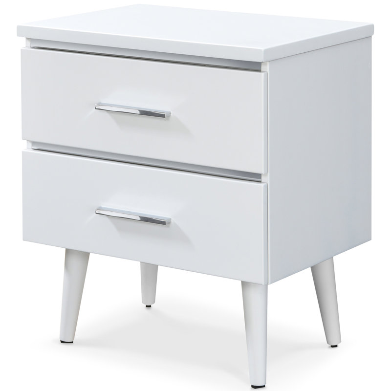 Mid-Century Side Table, 2 Drawers Storage Nightstand, Matte Chrome Handle, White