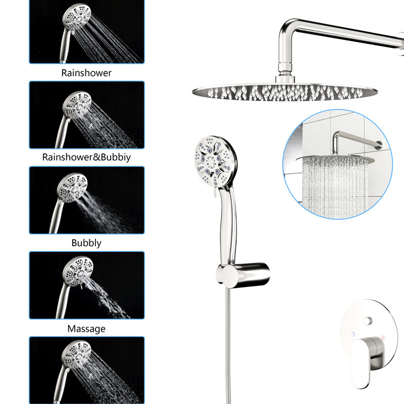 Ensemble de pomme de douche 10 po, nickel brossé - fixation murale double avec pluie et à main, 5 réglages, installation facile, réglages