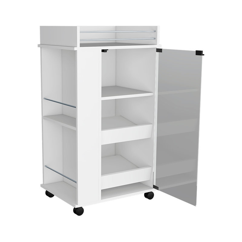 Bar Cart with Two-Side Shelves, Glass Door and Upper Surface, White Finish, White