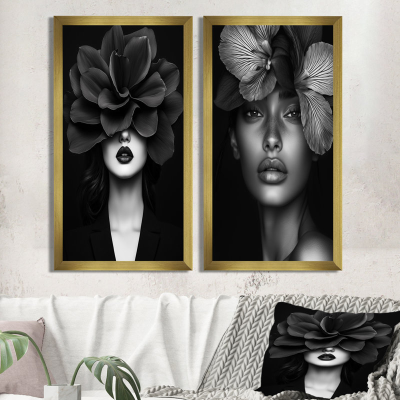 "I", art floral sur toile noir et blanc, H 32 po x l 32 po, Toile tendue