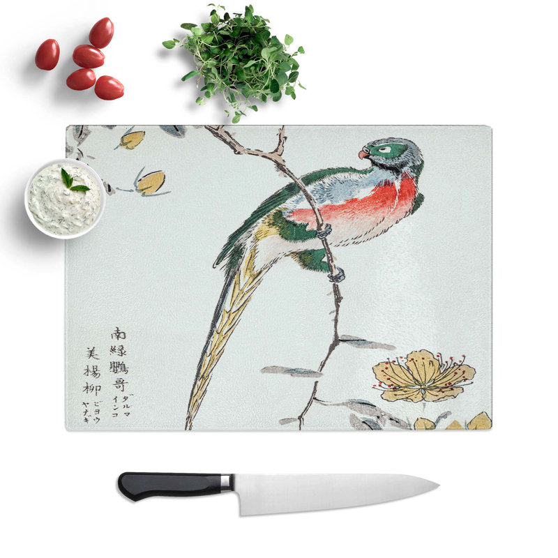 Glass Macaw & Drooping Peach by Numata Kashu Chopping Board, 39 cm W x 28.5 cm L