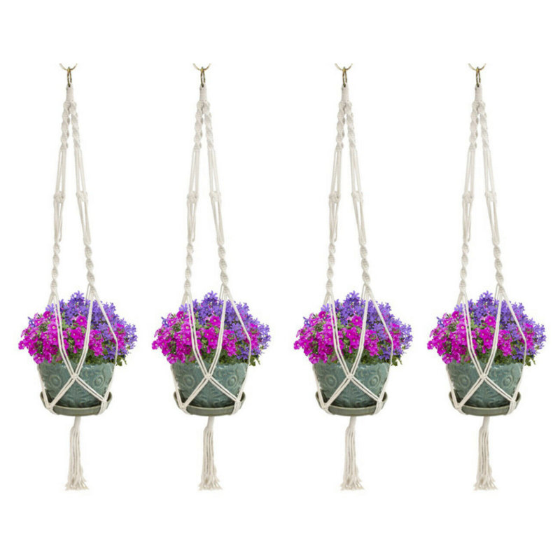 Ensemble de 4 cintres de jardin suspendus en corde de coton tissée à la main avec pot de fleurs et pampilles, 41 po, beige