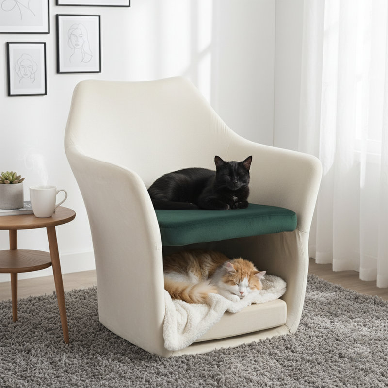 Chaise d'appoint Mid-Century l 26,25 po - Tissu blanc convenant aux animaux de compagnie - Pieds en bois massif