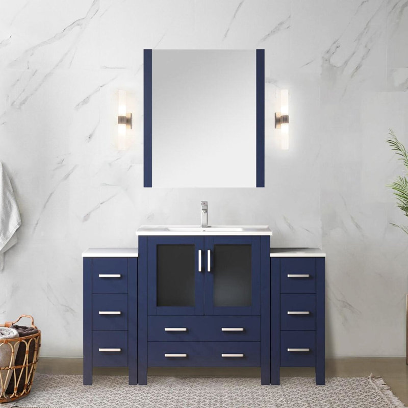 Meuble-lavabo simple bleu marine de 54 po L x 18,25 po P avec armoires latérales, comptoir en céramique blanche, robinet et miroir de 28 po - Surface résistante aux rayures, trou en acier inoxydable avec comptoir pour éviter les rayures.