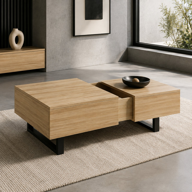 Table basse extensible avec plateau coulissant avec rangement dissimulé, MDF naturel, design moderne inspiré du milieu du siècle