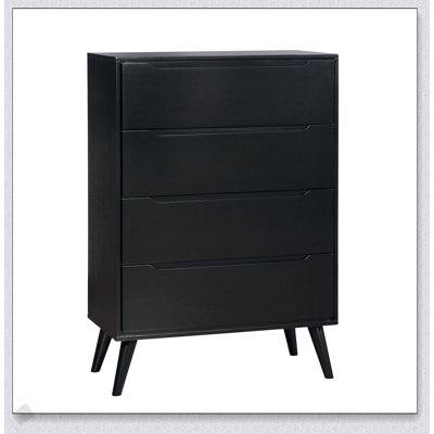 Commode 4 tiroirs Mid-Century moderne noire avec poignées encastrées et pieds ronds effilés, parfaite pour le rangement contemporain