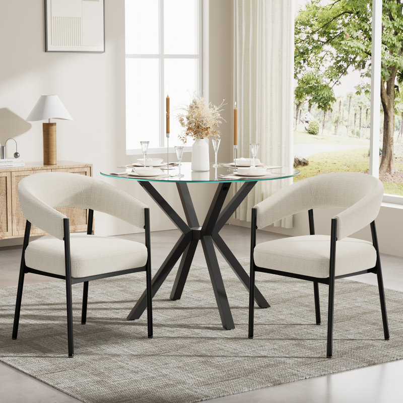 Modern Round Dining Set With Chenile Armchair, Clear Tempered Glass Dining Table And Chairs With Arms For Dining Room, Clear