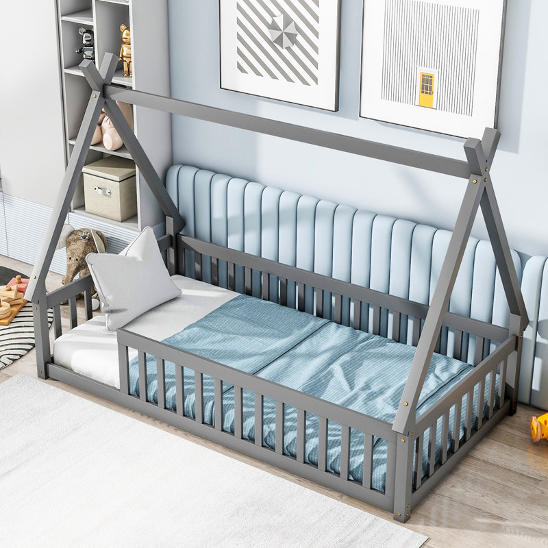 Lit simple avec structure et garde-corps - Taille grise avec garde-corps durables