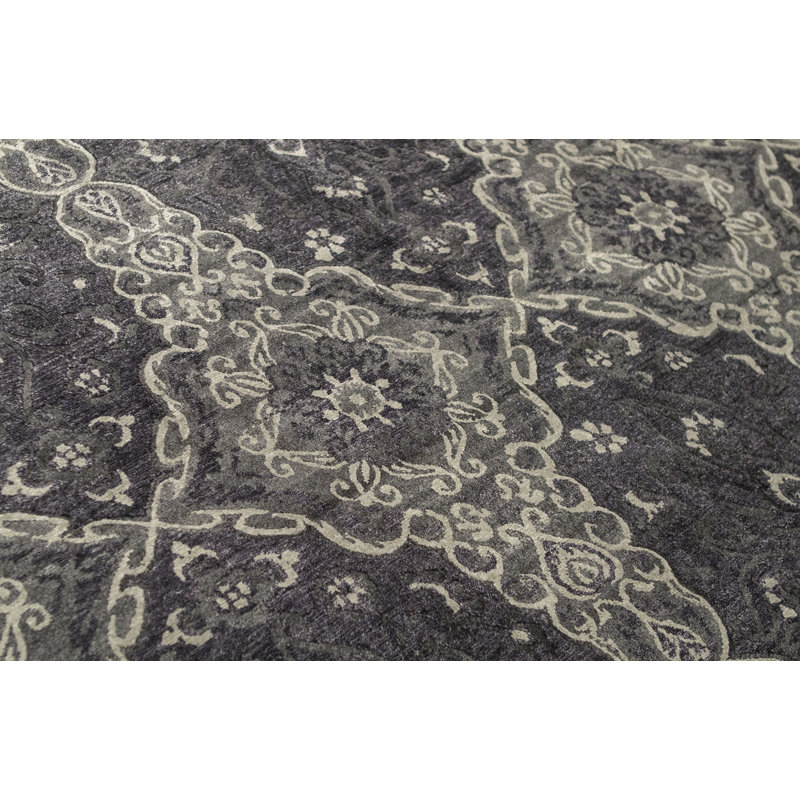 Wool Damask Area Rug in Charcoal/Ivory