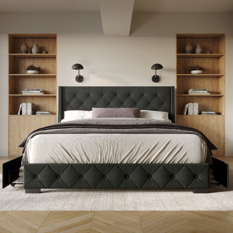 Tasir Upholstered Wingback Storage Bed, Charcoal Gray, Queen
